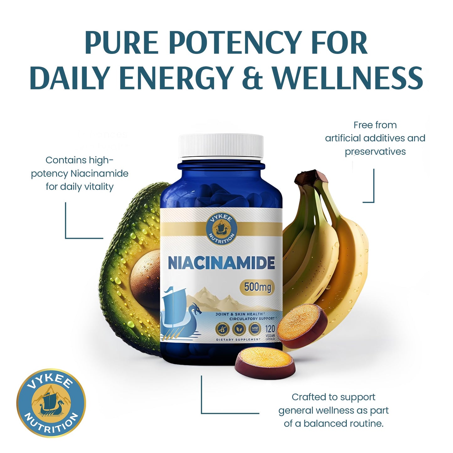 Vykee Nutrition Niacinamide Capsules - Vitamin B3 Supplement for Skin Wellness Cellular Energy and Metabolic Support - Vegan, Non-GMO Gluten Free - dailyvitalstore