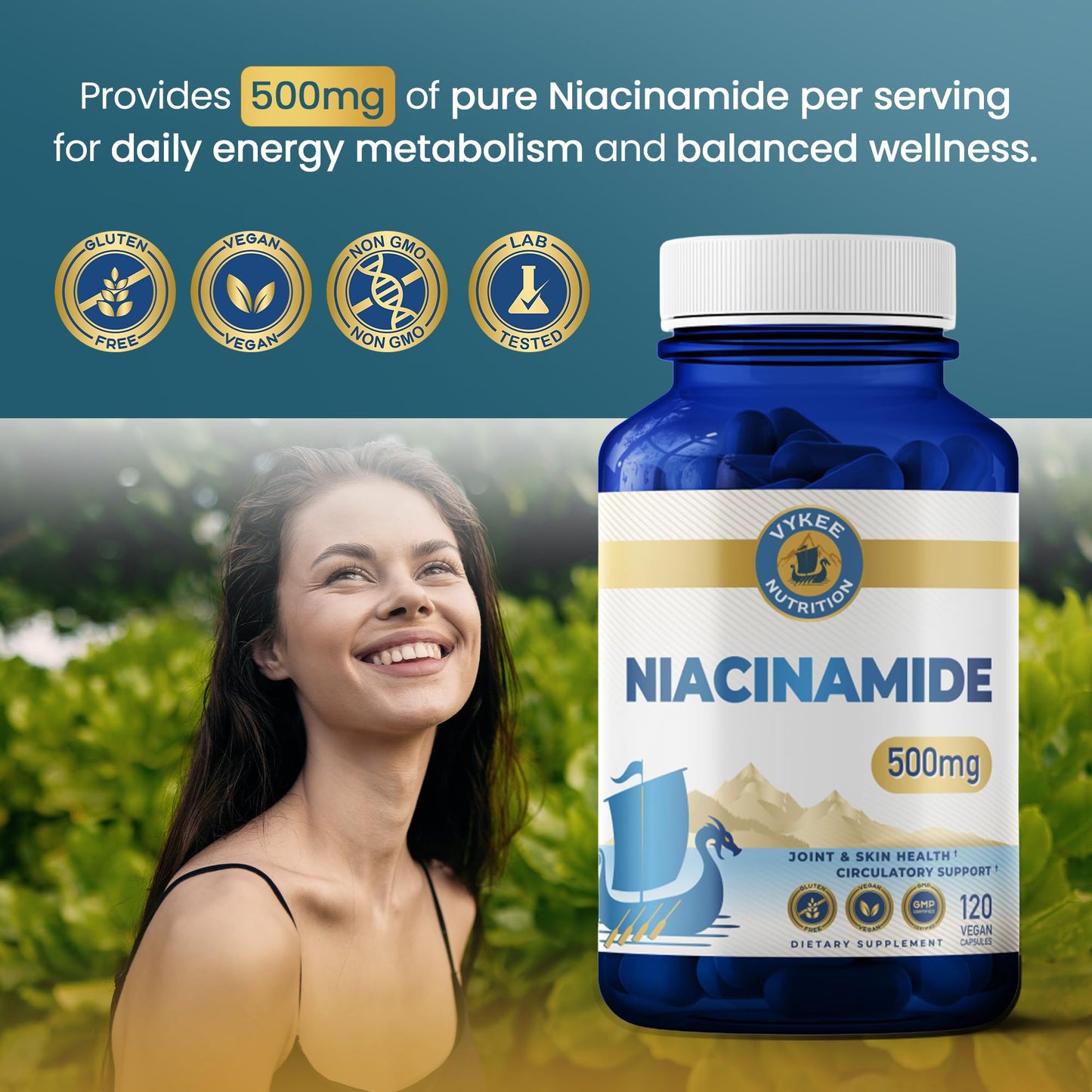 Vykee Nutrition Niacinamide Capsules - Vitamin B3 Supplement for Skin Wellness Cellular Energy and Metabolic Support - Vegan, Non-GMO Gluten Free - dailyvitalstore