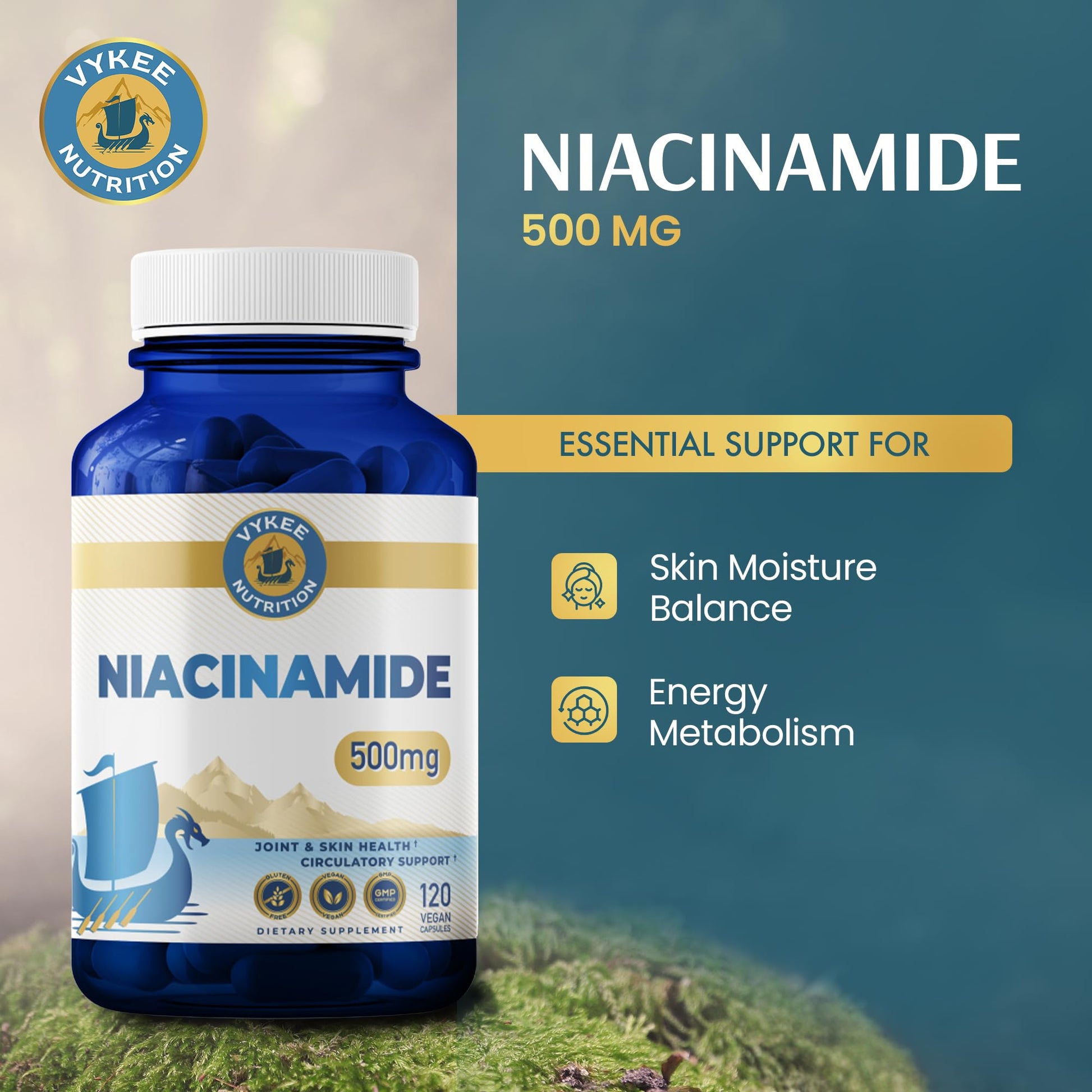 Vykee Nutrition Niacinamide Capsules - Vitamin B3 Supplement for Skin Wellness Cellular Energy and Metabolic Support - Vegan, Non-GMO Gluten Free - dailyvitalstore