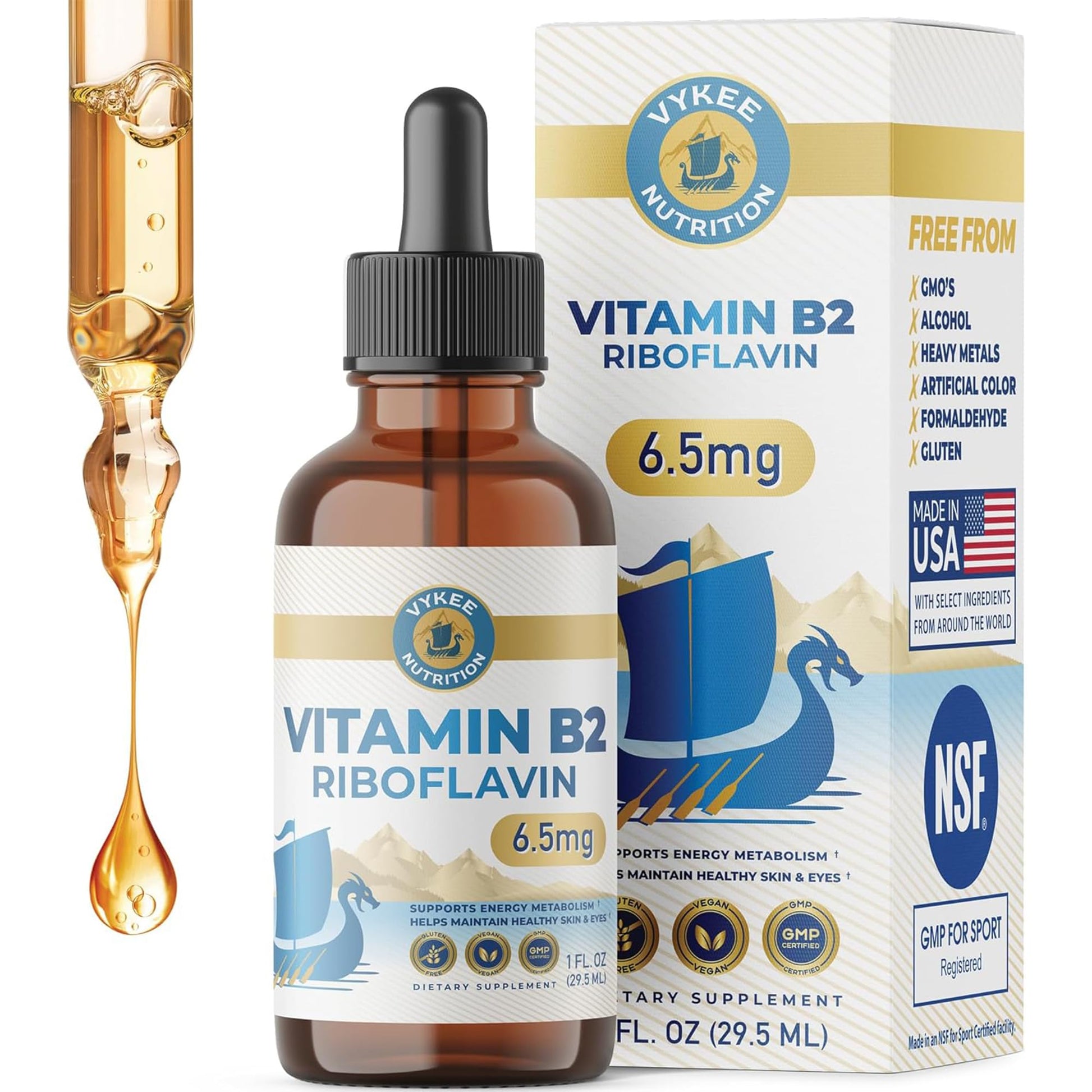 Vykee Nutrition Vitamin B2 Riboflavin Drops - Liquid B2 Supplement for Energy Metabolism, Cellular Function and Vision Support - Vegan, Non-GMO, Gluten-Free - dailyvitalstore