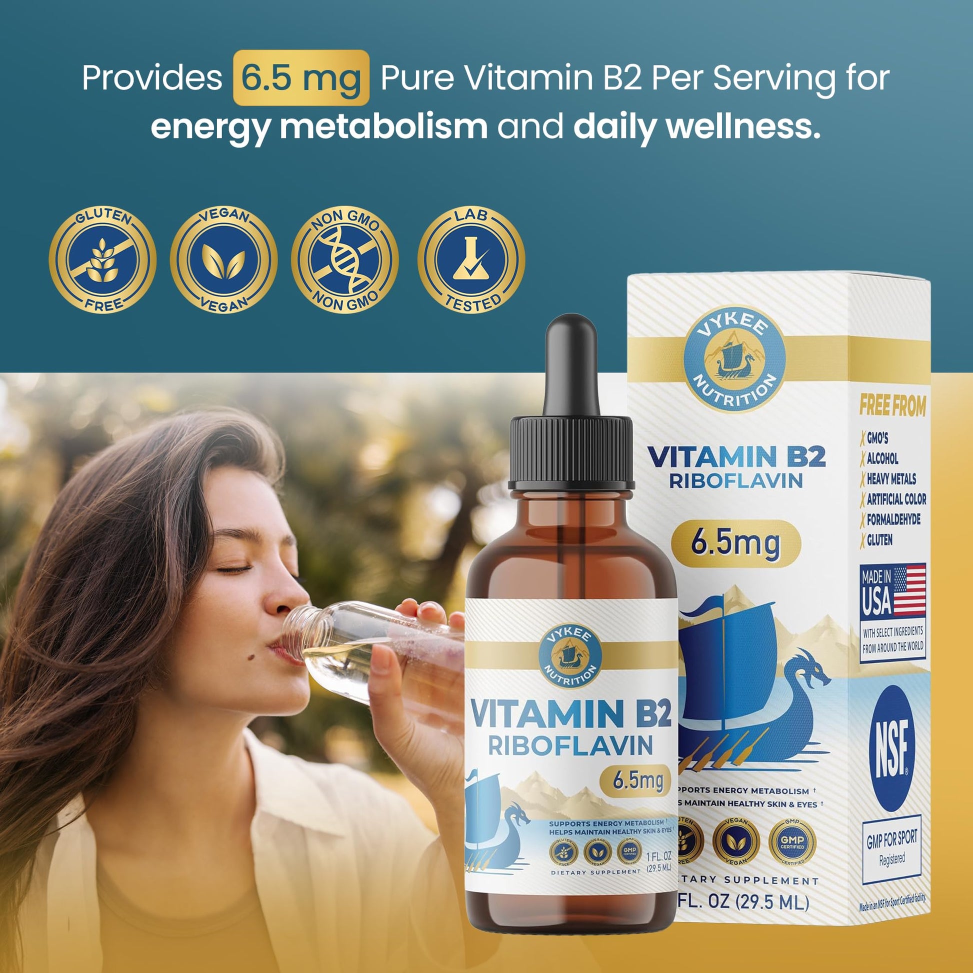 Vykee Nutrition Vitamin B2 Riboflavin Drops - Liquid B2 Supplement for Energy Metabolism, Cellular Function and Vision Support - Vegan, Non-GMO, Gluten-Free - dailyvitalstore