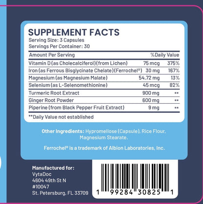 VytaDoc SootheFlex Joint, Energy & Mood Support for Women | Turmeric 900mg, Ferrochel® Iron, Magnesium Malate, Vitamin D3, Ginger, Selenium | 90 Capsules | Gentle Iron — Easy on Digestion - dailyvitalstore