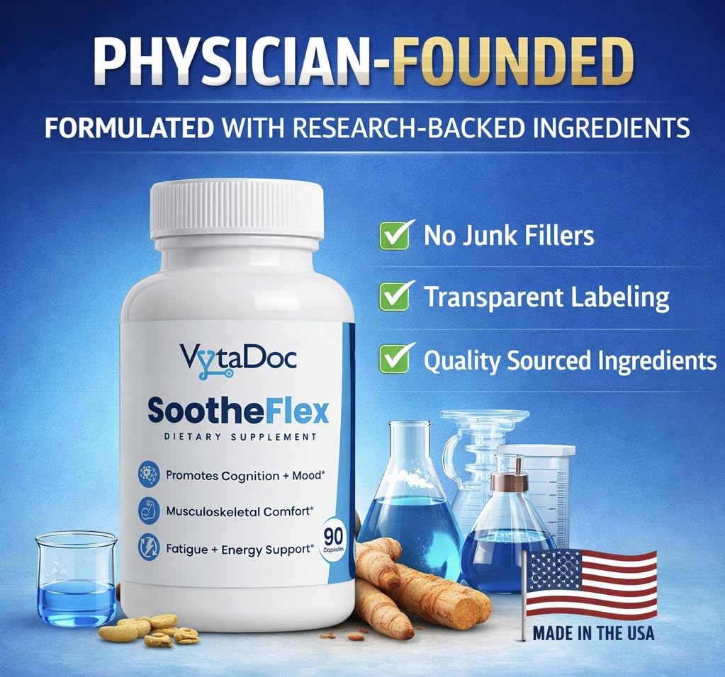 VytaDoc SootheFlex Joint, Energy & Mood Support for Women | Turmeric 900mg, Ferrochel® Iron, Magnesium Malate, Vitamin D3, Ginger, Selenium | 90 Capsules | Gentle Iron — Easy on Digestion - dailyvitalstore