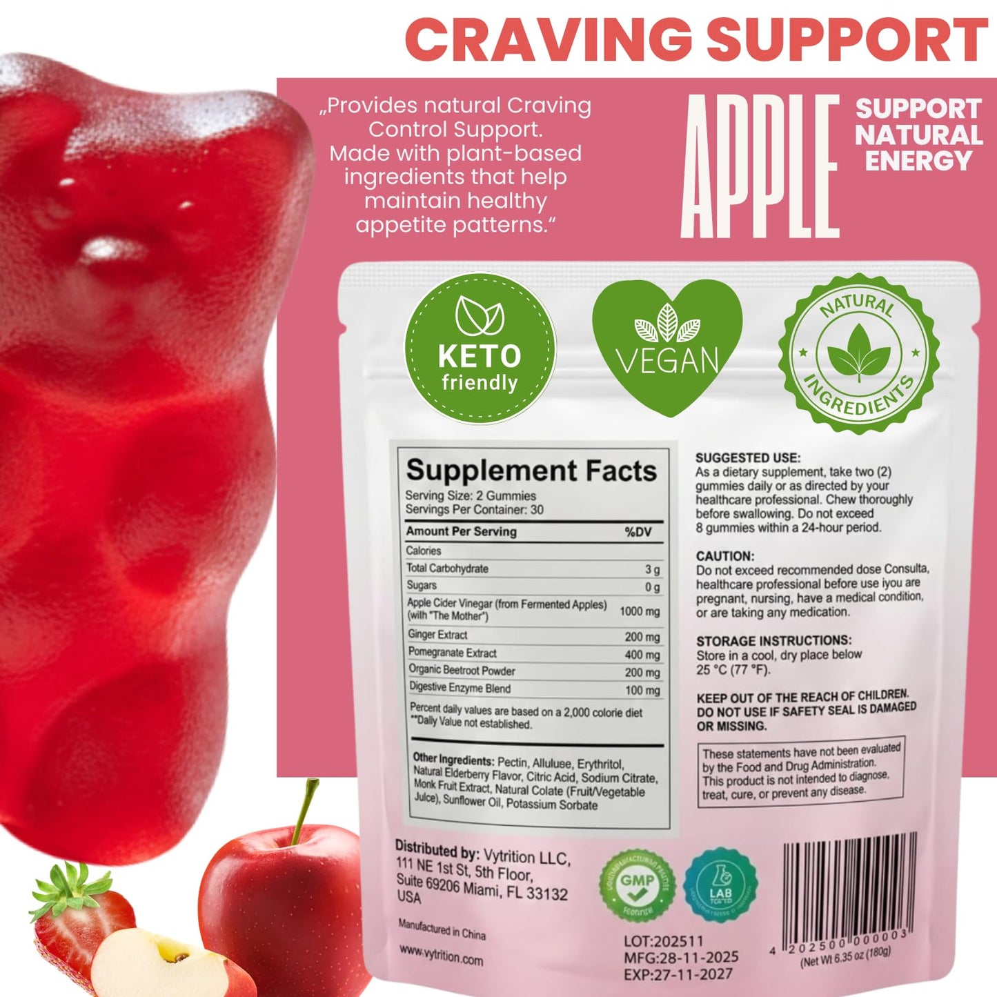 Vytrition 7-Day Trial Organic Apple Cider Vinegar Gummies Sugar Free – ACV Gummies with The Mother 1000mg – Keto Friendly – Vegan – Supports Appetite - dailyvitalstore