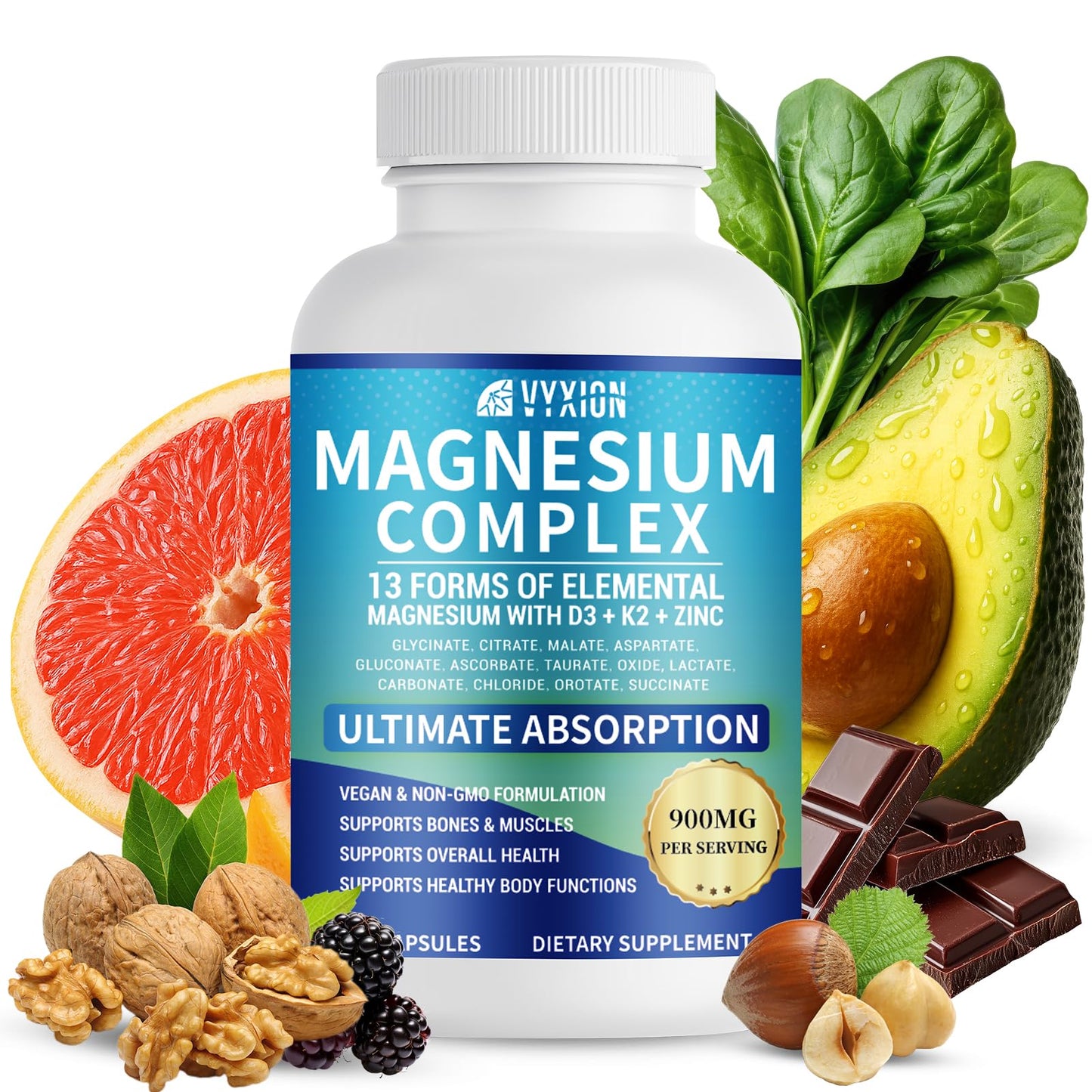 VYXION Magnesium Complex 900mg per Serving – High Absorption Magnesium Glycinate with Vitamin D3 K2 Zinc & B Vitamins – Sleep, Calm, Muscle & Nerve Support – 90 Capsules - dailyvitalstore