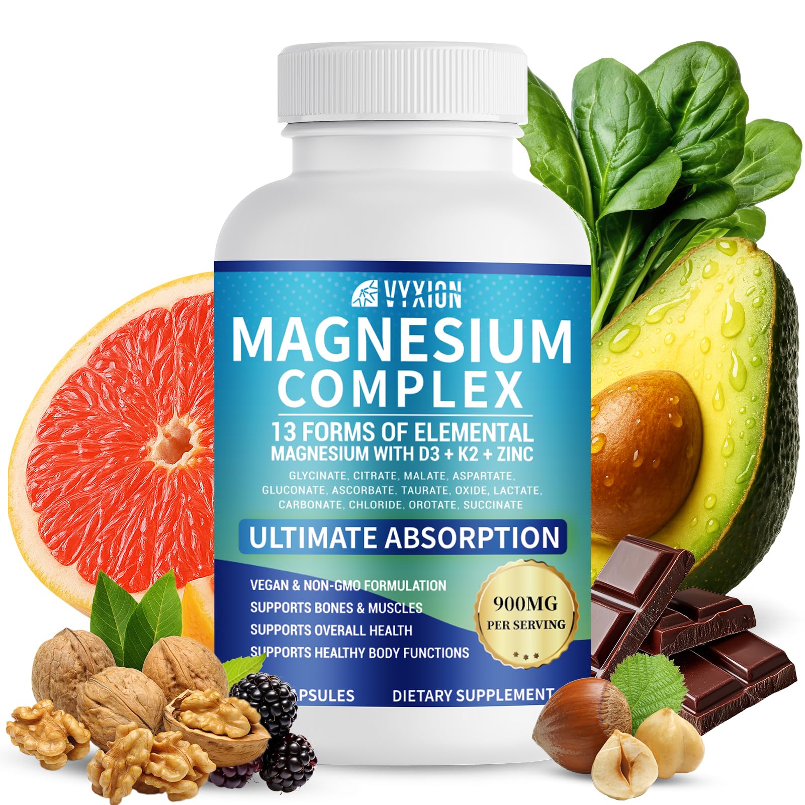 VYXION Magnesium Complex 900mg per Serving – High Absorption Magnesium Glycinate with Vitamin D3 K2 Zinc & B Vitamins – Sleep, Calm, Muscle & Nerve Support – 90 Capsules - dailyvitalstore