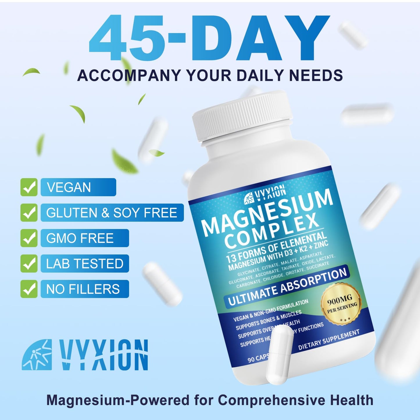 VYXION Magnesium Complex 900mg per Serving – High Absorption Magnesium Glycinate with Vitamin D3 K2 Zinc & B Vitamins – Sleep, Calm, Muscle & Nerve Support – 90 Capsules - dailyvitalstore