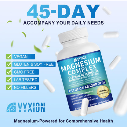VYXION Magnesium Complex 900mg per Serving – High Absorption Magnesium Glycinate with Vitamin D3 K2 Zinc & B Vitamins – Sleep, Calm, Muscle & Nerve Support – 90 Capsules - dailyvitalstore