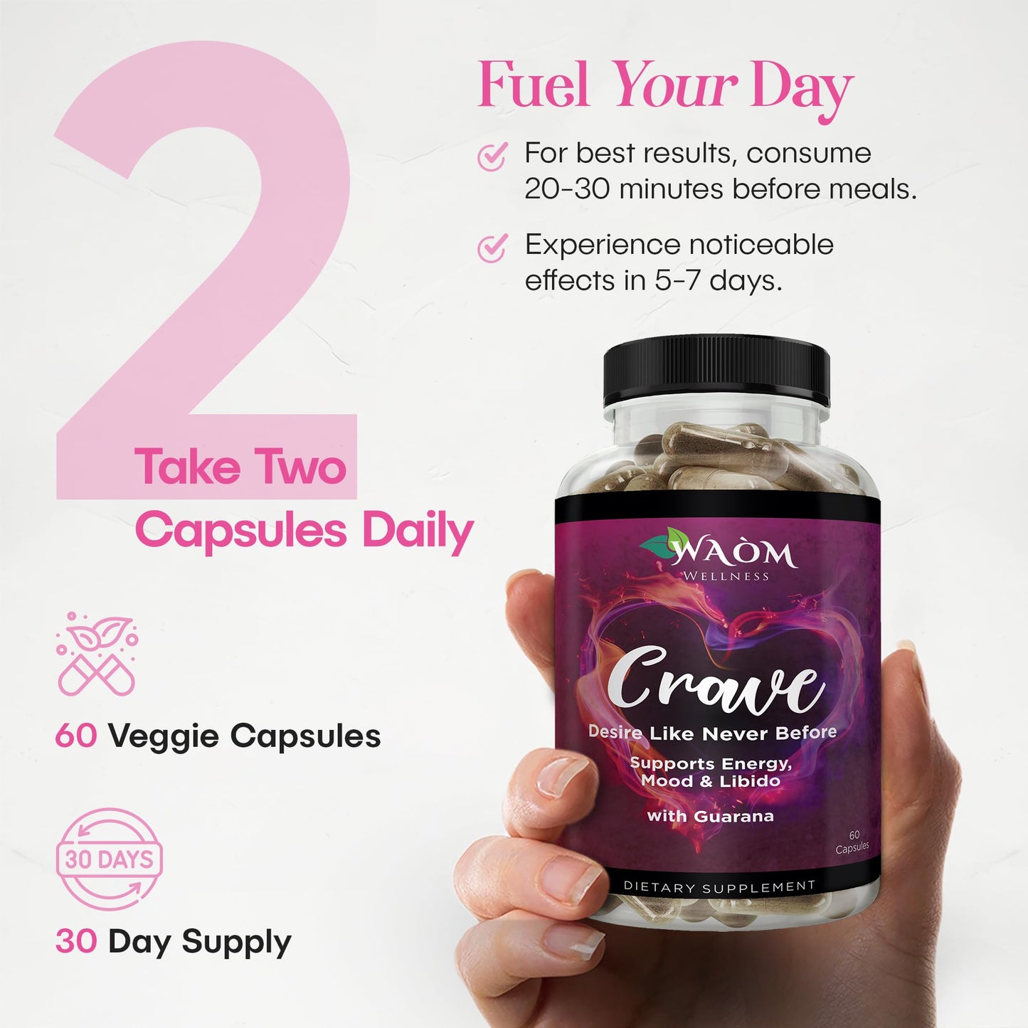 Waòm Wellness Crave – Women’s Desire Booster with Maca, Ashwagandha & L-Theanine – Natural Energy, Mood & Hormone Balance Support – 60 Vegan Capsules - dailyvitalstore