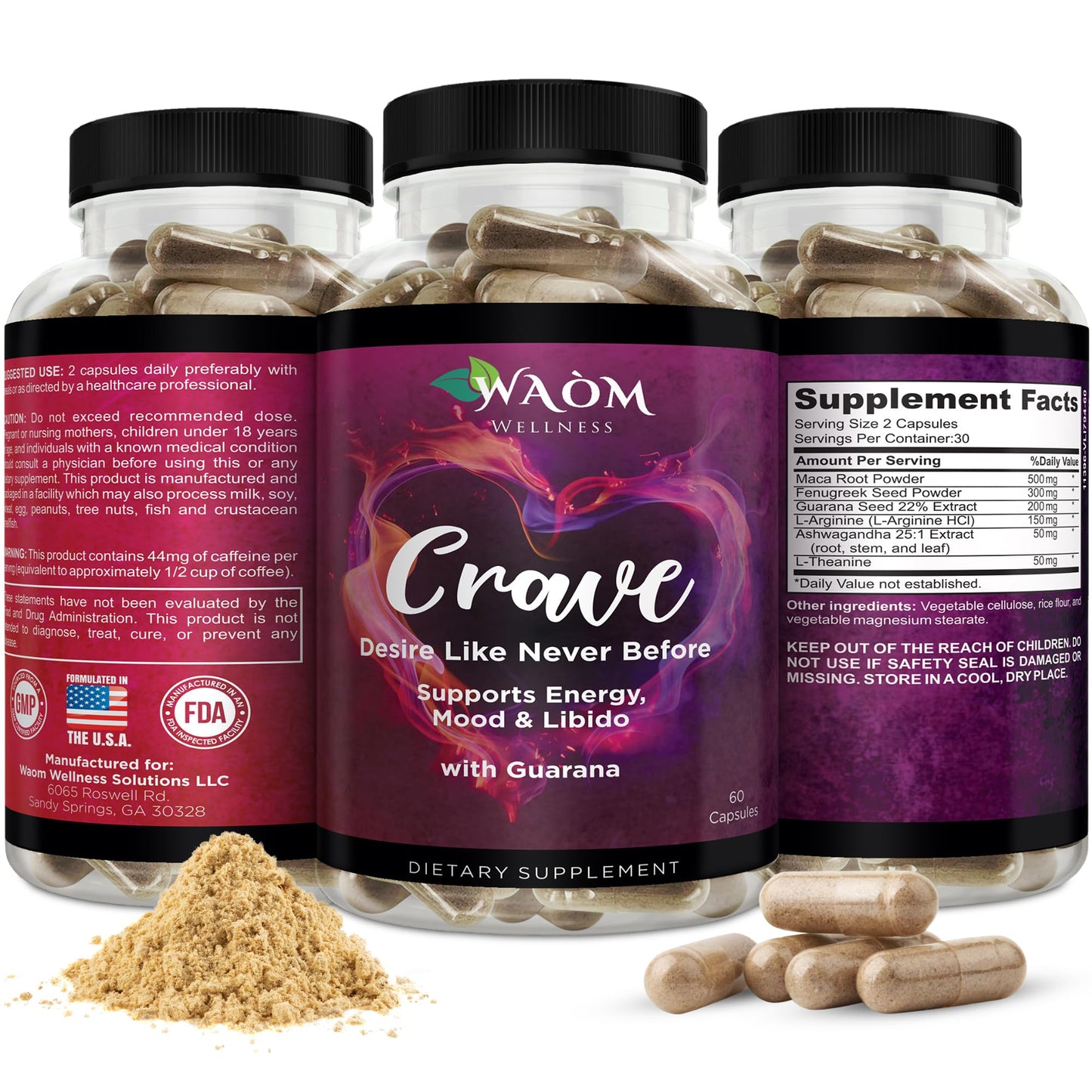 Waòm Wellness Crave – Women’s Desire Booster with Maca, Ashwagandha & L-Theanine – Natural Energy, Mood & Hormone Balance Support – 60 Vegan Capsules - dailyvitalstore