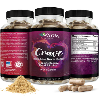 Waòm Wellness Crave – Women’s Desire Booster with Maca, Ashwagandha & L-Theanine – Natural Energy, Mood & Hormone Balance Support – 60 Vegan Capsules - dailyvitalstore