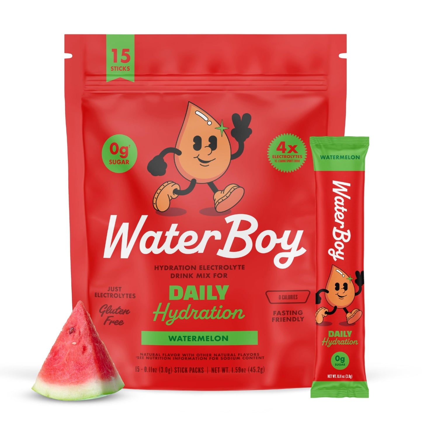 Waterboy Daily Hydration | 1,570mg Electrolyte Powder Packets | No Sugar, All Natural, Gluten Free, Zero Calories | 15 Drink Stick Mixes (Watermelon) - dailyvitalstore