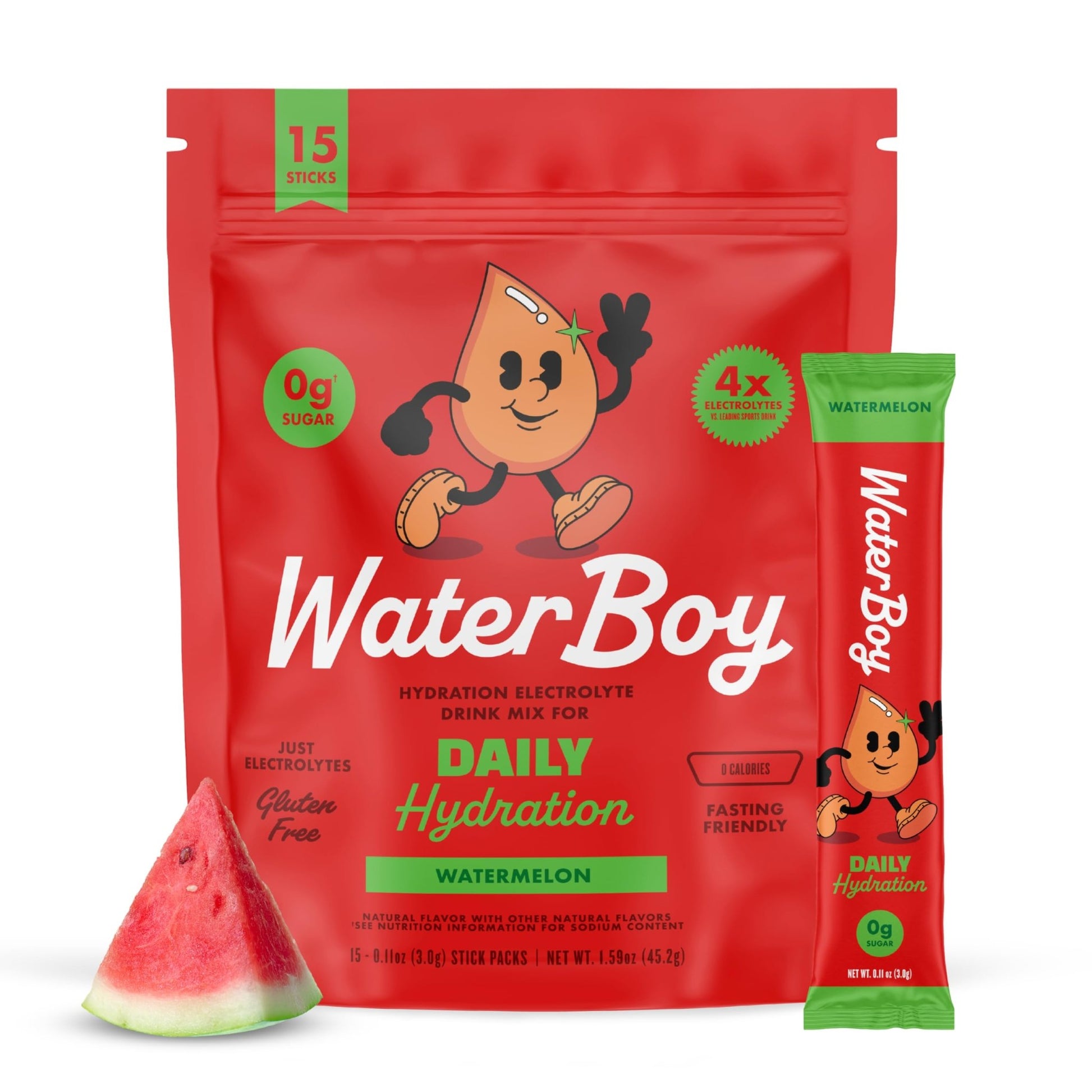 Waterboy Daily Hydration | 1,570mg Electrolyte Powder Packets | No Sugar, All Natural, Gluten Free, Zero Calories | 15 Drink Stick Mixes (Watermelon) - dailyvitalstore
