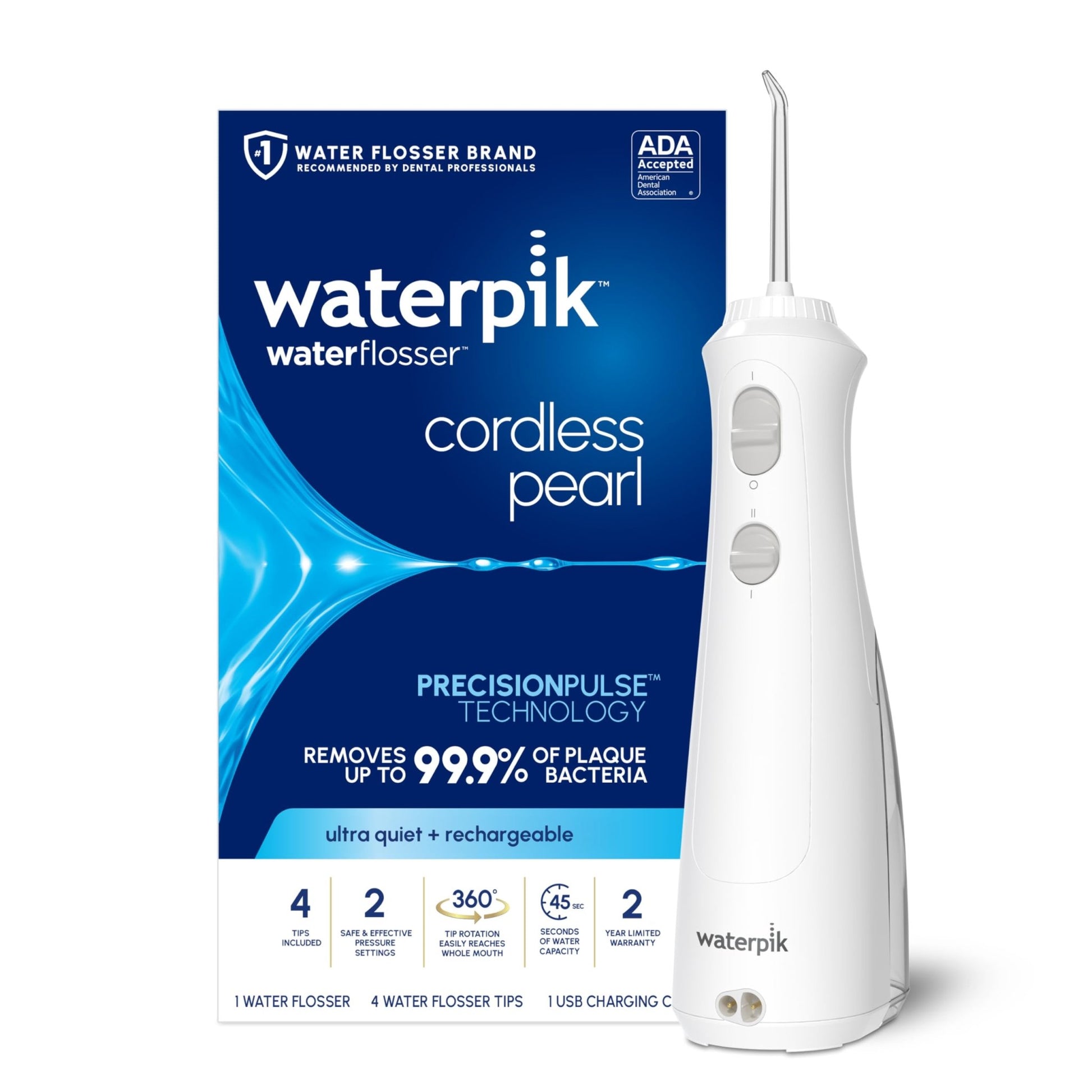 Waterpik Cordless Pearl Rechargeable Portable Water Flosser for Teeth, Gums, Braces Care and Travel, Extra Quiet, 4 Flossing Tips - ADA Accepted, WF-13 White, Amazon Exclusive - dailyvitalstore