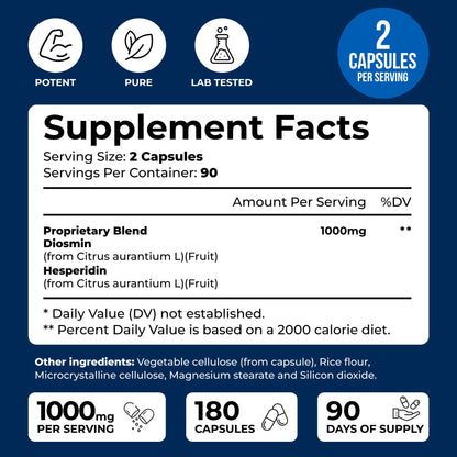 We Like Vitamins Diosmin Hesperidin 1000mg – 180 Capsules – 90 Day Supply - Diosmin and Hesperidin Supplement – Helps to Support Healthy Circulation, Veins, Capillaries, and Lymphatic Drainage - dailyvitalstore