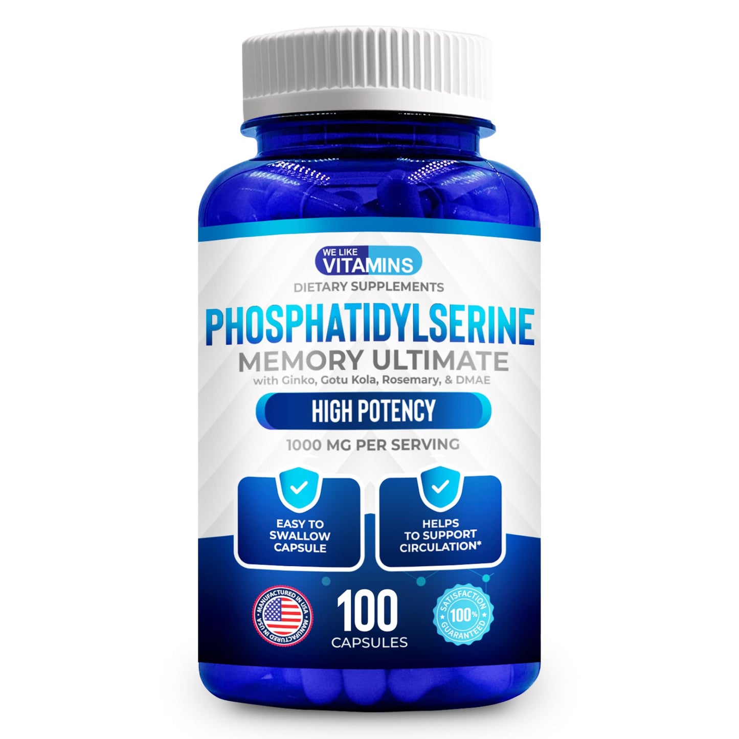 We Like Vitamins Phosphatidylserine Supplement with Gingko Biloba, Gotu Kola, DMAE - Improves Focus, Memory, Cognitive Function - Soy-Free 1000mg Memory Ultimate Complex - 100 Easy-to-Swallow Capsules - dailyvitalstore