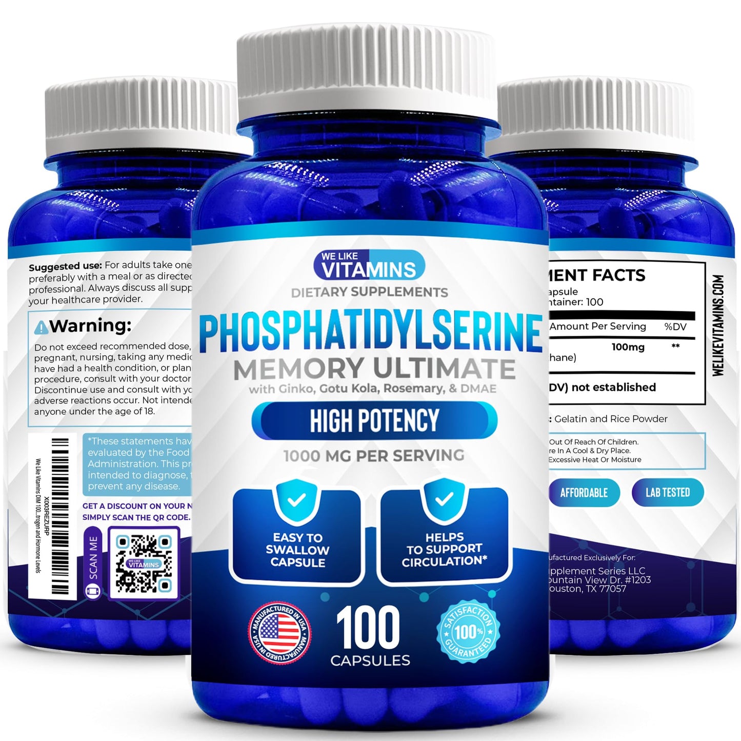 We Like Vitamins Phosphatidylserine Supplement with Gingko Biloba, Gotu Kola, DMAE - Improves Focus, Memory, Cognitive Function - Soy-Free 1000mg Memory Ultimate Complex - 100 Easy-to-Swallow Capsules - dailyvitalstore