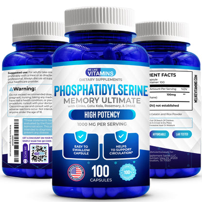 We Like Vitamins Phosphatidylserine Supplement with Gingko Biloba, Gotu Kola, DMAE - Improves Focus, Memory, Cognitive Function - Soy-Free 1000mg Memory Ultimate Complex - 100 Easy-to-Swallow Capsules - dailyvitalstore
