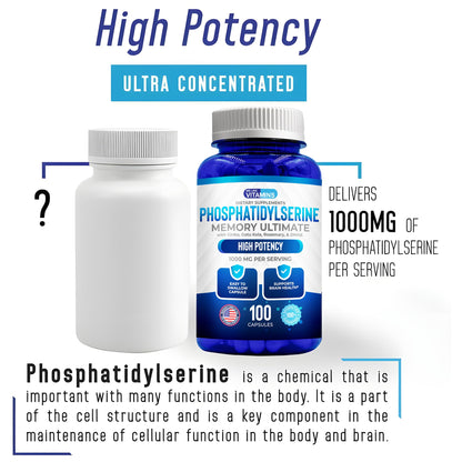 We Like Vitamins Phosphatidylserine Supplement with Gingko Biloba, Gotu Kola, DMAE - Improves Focus, Memory, Cognitive Function - Soy-Free 1000mg Memory Ultimate Complex - 100 Easy-to-Swallow Capsules - dailyvitalstore