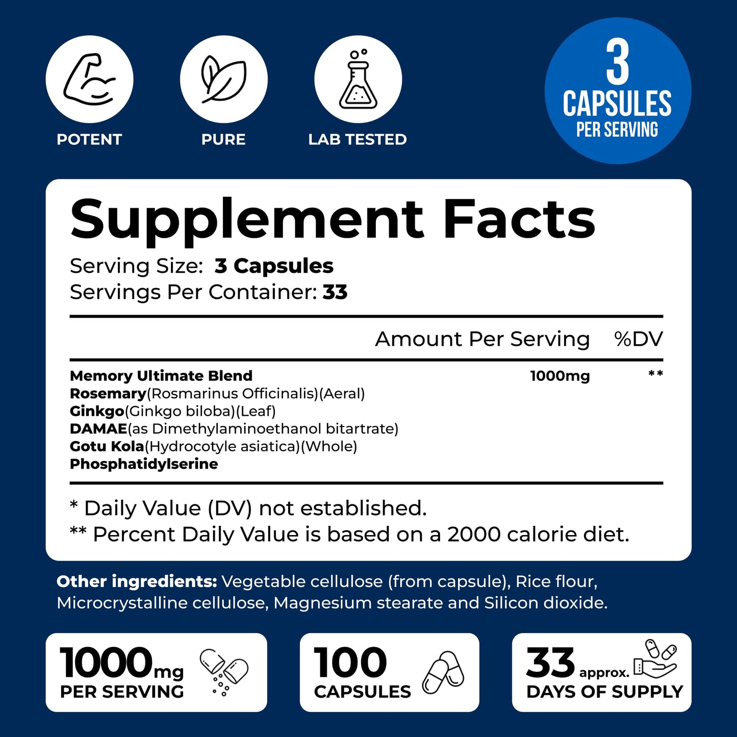 We Like Vitamins Phosphatidylserine Supplement with Gingko Biloba, Gotu Kola, DMAE - Improves Focus, Memory, Cognitive Function - Soy-Free 1000mg Memory Ultimate Complex - 100 Easy-to-Swallow Capsules - dailyvitalstore