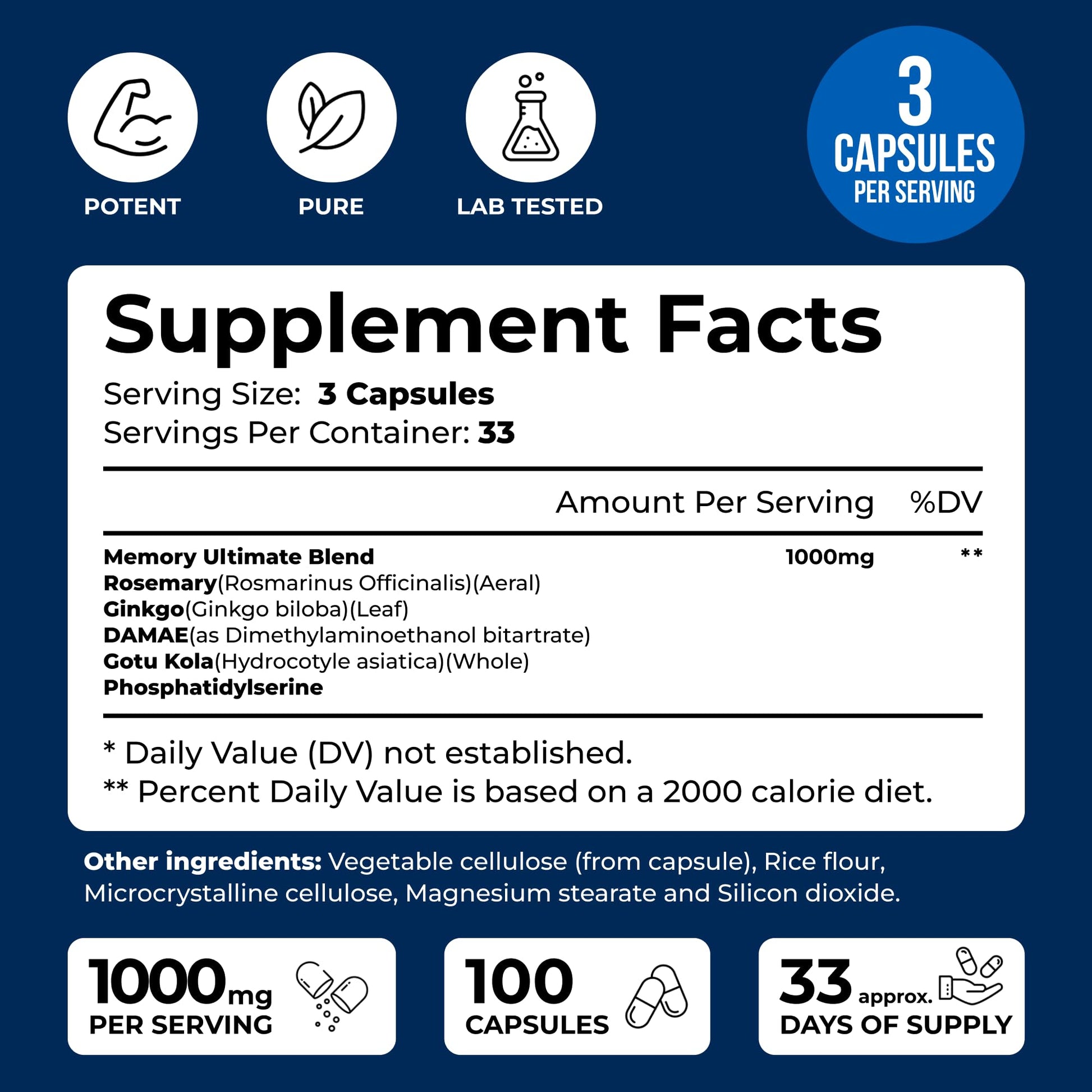We Like Vitamins Phosphatidylserine Supplement with Gingko Biloba, Gotu Kola, DMAE - Improves Focus, Memory, Cognitive Function - Soy-Free 1000mg Memory Ultimate Complex - 100 Easy-to-Swallow Capsules - dailyvitalstore