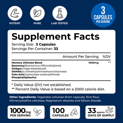 We Like Vitamins Phosphatidylserine Supplement with Gingko Biloba, Gotu Kola, DMAE - Improves Focus, Memory, Cognitive Function - Soy-Free 1000mg Memory Ultimate Complex - 100 Easy-to-Swallow Capsules - dailyvitalstore