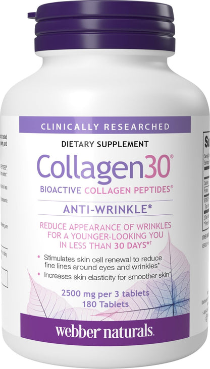 Webber Naturals Collagen 30 Anti-Wrinkle, 2,500mg of Bioactive Collagen Peptides Per Serving (3 Tablets), 180 Tablets, Helps Reduce Deep Wrinkles - dailyvitalstore