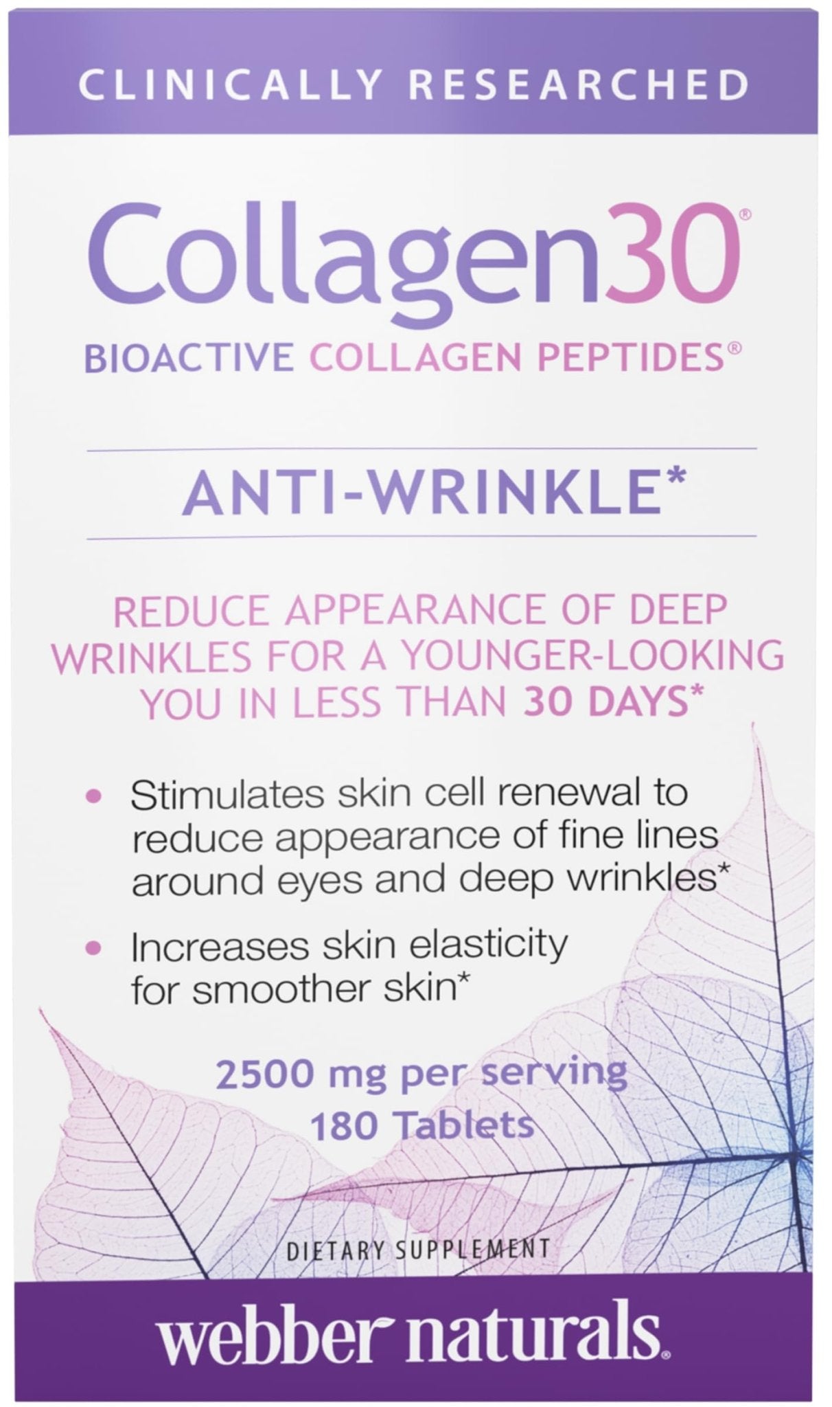 Webber Naturals Collagen30 Anti-Wrinkle, 2,500mg of Bioactive Collagen Peptides Per Serving (3 Tablets), 180 Tablets, Helps Reduce Deep Wrinkles, Fine Lines, Non GMO, Dairy, Gluten Free - dailyvitalstore