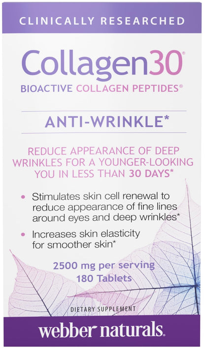 Webber Naturals Collagen30 Anti-Wrinkle, 2,500mg of Bioactive Collagen Peptides Per Serving (3 Tablets), 180 Tablets, Helps Reduce Deep Wrinkles, Fine Lines, Non GMO, Dairy, Gluten Free - dailyvitalstore