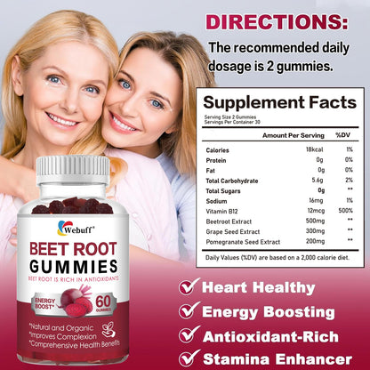 Webuff Beet Root Gummies - Nitric Oxide Booster with Organic Beet, Pomegranate & Grape Seed, Vitamin B12 - Energy, Circulation & Heart Health Support, Vegan, Non-GMO, 60 Count (Pack of 1) - dailyvitalstore