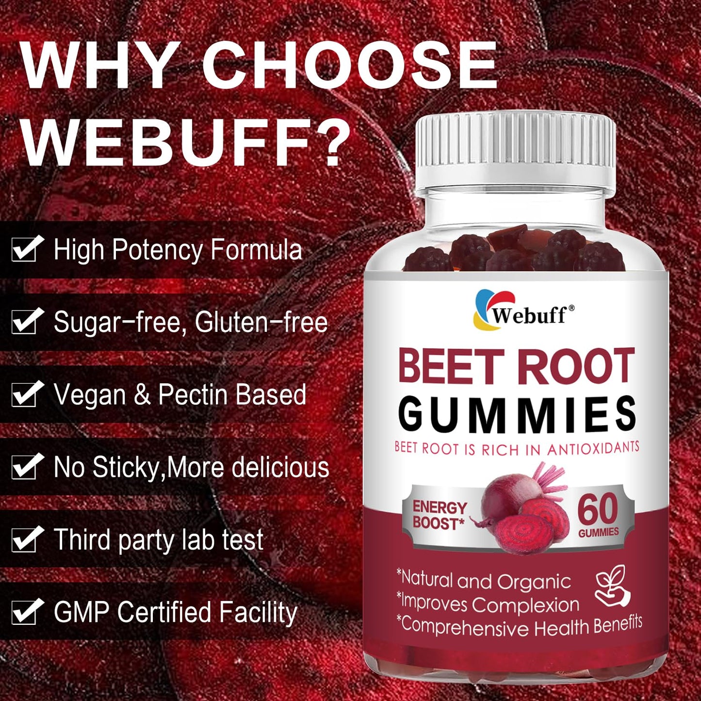 Webuff Beet Root Gummies - Nitric Oxide Booster with Organic Beet, Pomegranate & Grape Seed, Vitamin B12 - Energy, Circulation & Heart Health Support, Vegan, Non-GMO, 60 Count (Pack of 1) - dailyvitalstore