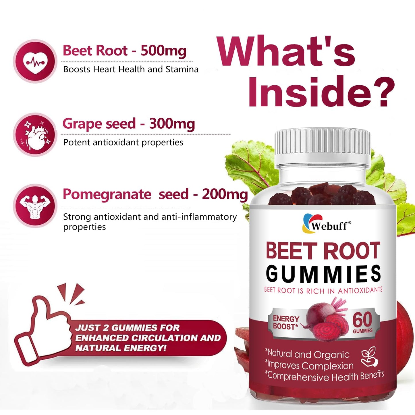 Webuff Beet Root Gummies - Nitric Oxide Booster with Organic Beet, Pomegranate & Grape Seed, Vitamin B12 - Energy, Circulation & Heart Health Support, Vegan, Non-GMO, 60 Count (Pack of 1) - dailyvitalstore