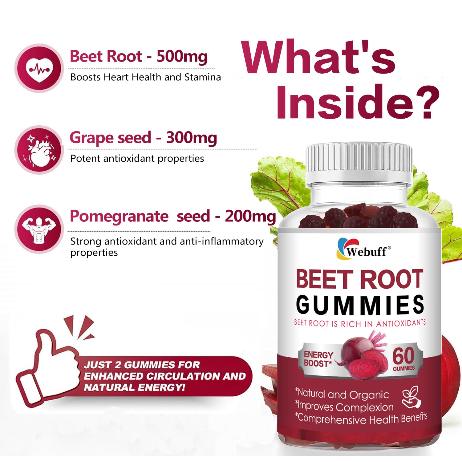 Webuff Beet Root Gummies - Nitric Oxide Booster with Organic Beet, Pomegranate & Grape Seed, Vitamin B12 - Energy, Circulation & Heart Health Support, Vegan, Non-GMO, 60 Count (Pack of 1) - dailyvitalstore