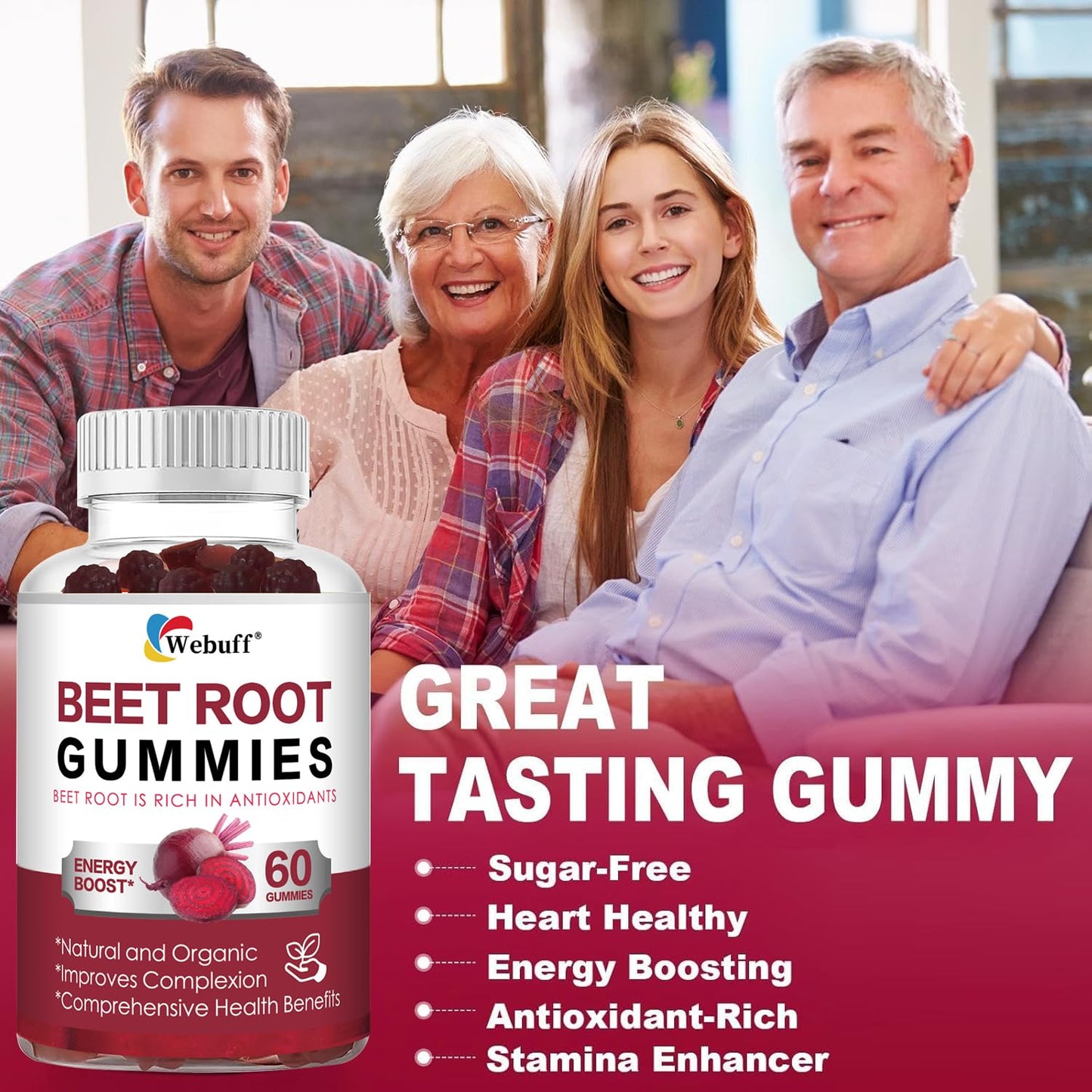 Webuff Beet Root Gummies - Nitric Oxide Booster with Organic Beet, Pomegranate & Grape Seed, Vitamin B12 - Energy, Circulation & Heart Health Support, Vegan, Non-GMO, 60 Count (Pack of 1) - dailyvitalstore