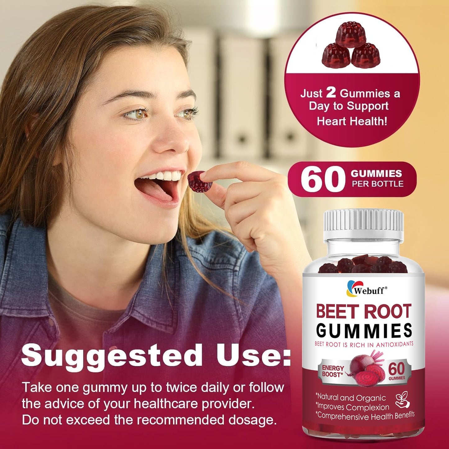 Webuff Beet Root Gummies - Nitric Oxide Booster with Organic Beet, Pomegranate & Grape Seed, Vitamin B12 - Energy, Circulation & Heart Health Support, Vegan, Non-GMO, 60 Count (Pack of 1) - dailyvitalstore