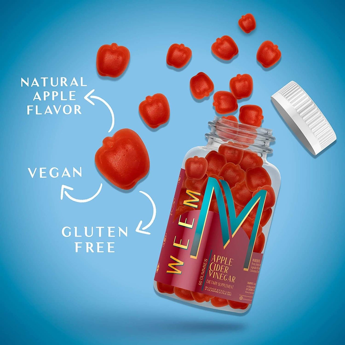 WEEM Apple Cider Vinegar Gummies - Natural, Vegan ACV with Folic Acid- Gluten Free - Vitamin B12 - Premium Detox & Weight Supplement - dailyvitalstore