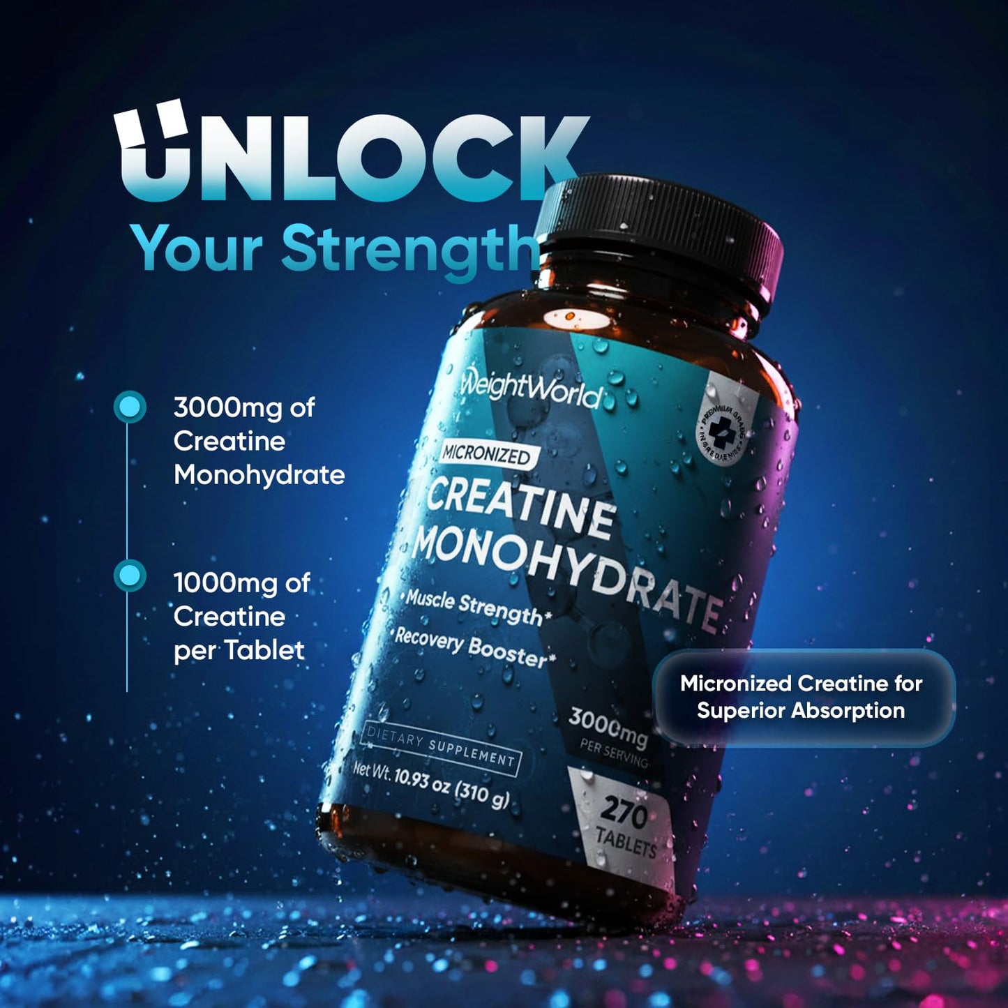 WeightWorld Micronized Creatine Monohydrate 3000mg Tablets - Muscle Growth, Strength, Energy & Recovery | Pre Workout Creatine for Women & Men | 1000mg per Tab - dailyvitalstore