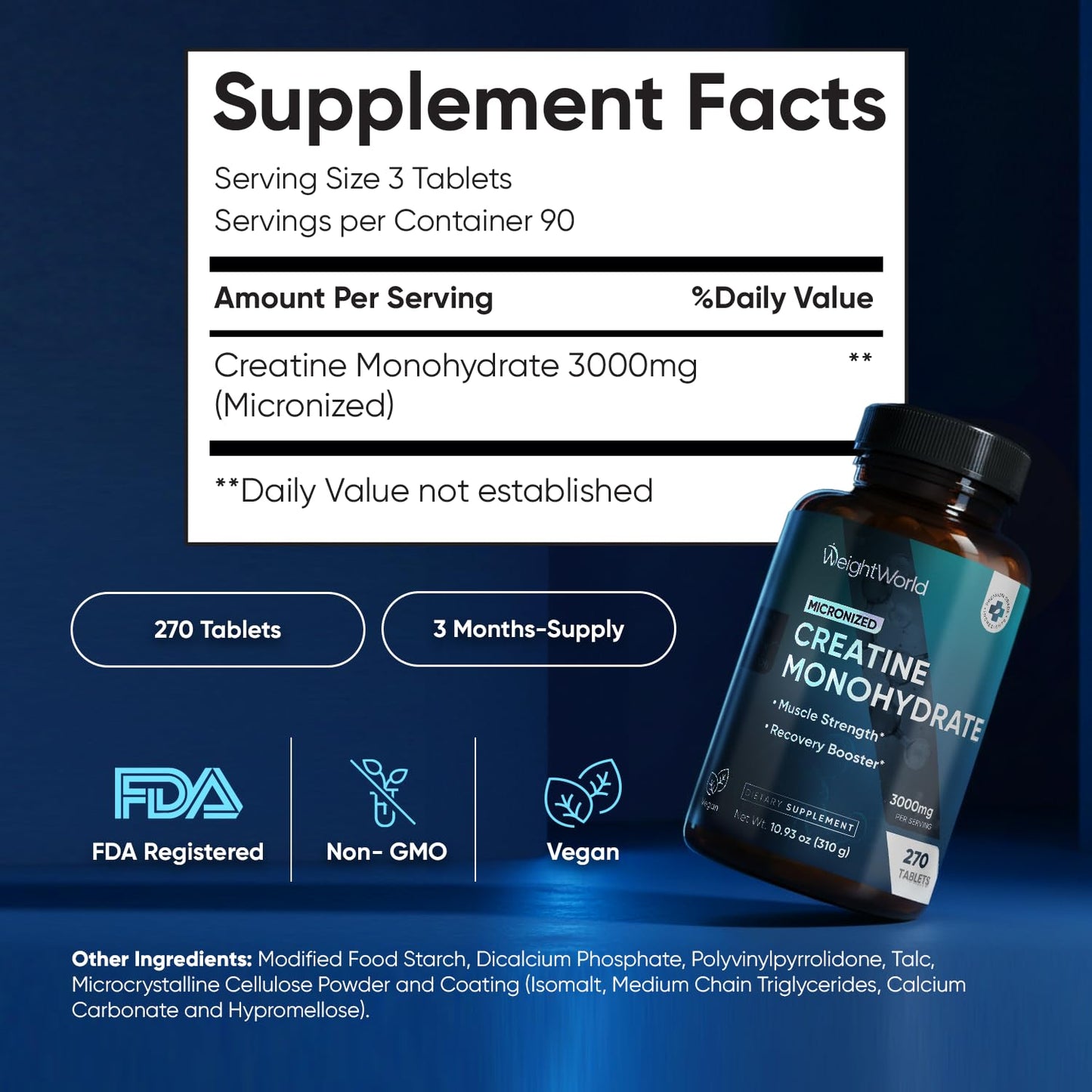 WeightWorld Micronized Creatine Monohydrate 3000mg Tablets - Muscle Growth, Strength, Energy & Recovery | Pre Workout Creatine for Women & Men | 1000mg per Tab - dailyvitalstore
