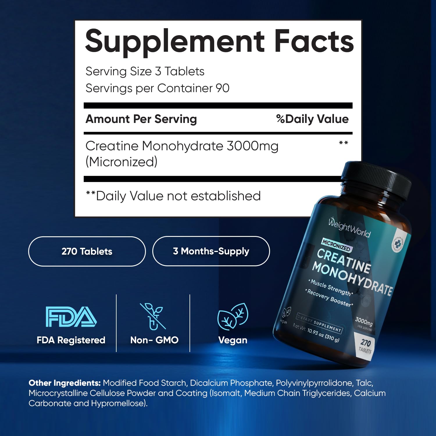 WeightWorld Micronized Creatine Monohydrate 3000mg Tablets - Muscle Growth, Strength, Energy & Recovery | Pre Workout Creatine for Women & Men | 1000mg per Tab - dailyvitalstore