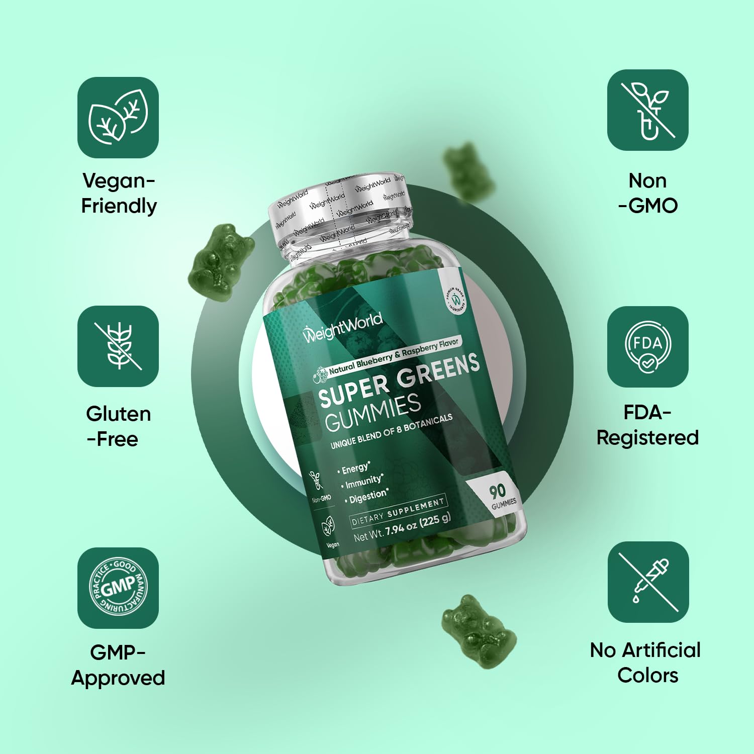 WeightWorld Super Greens Gummies - Energy, Immunity & Digestion - 45-Day Supply - Vegan Daily Greens Supplements (Moringa, Broccoli, Spinach) - Added Vitamins & Minerals - 90 Superfood Gummies - dailyvitalstore