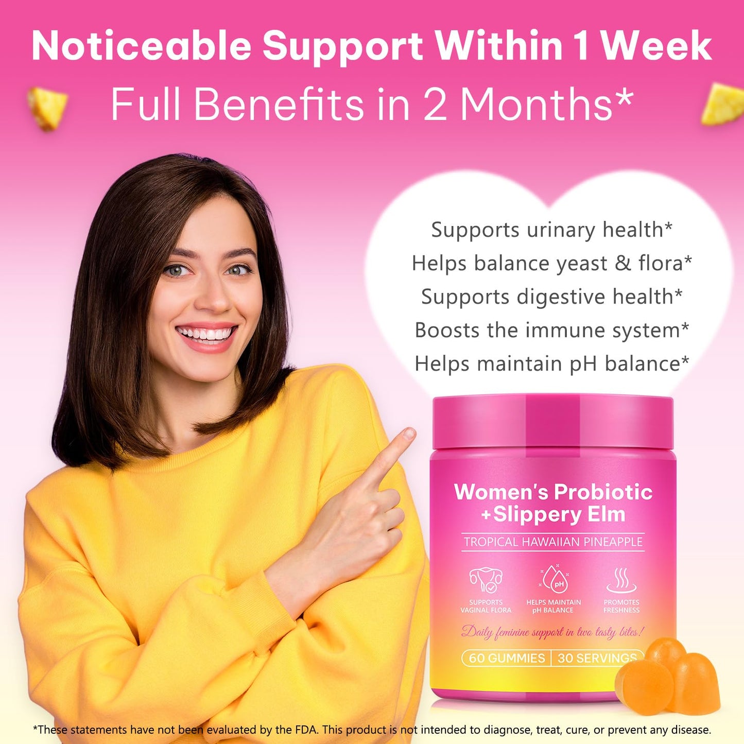 WeiWeiLa Feminine Probiotics Gummies for Women Probiotic Gummies with Slippery Elm | Natural Pineapple Flavor | Supports Feminine pH Balance & Comfort | 60 Vegan Gummie for Daily Wellness - dailyvitalstore