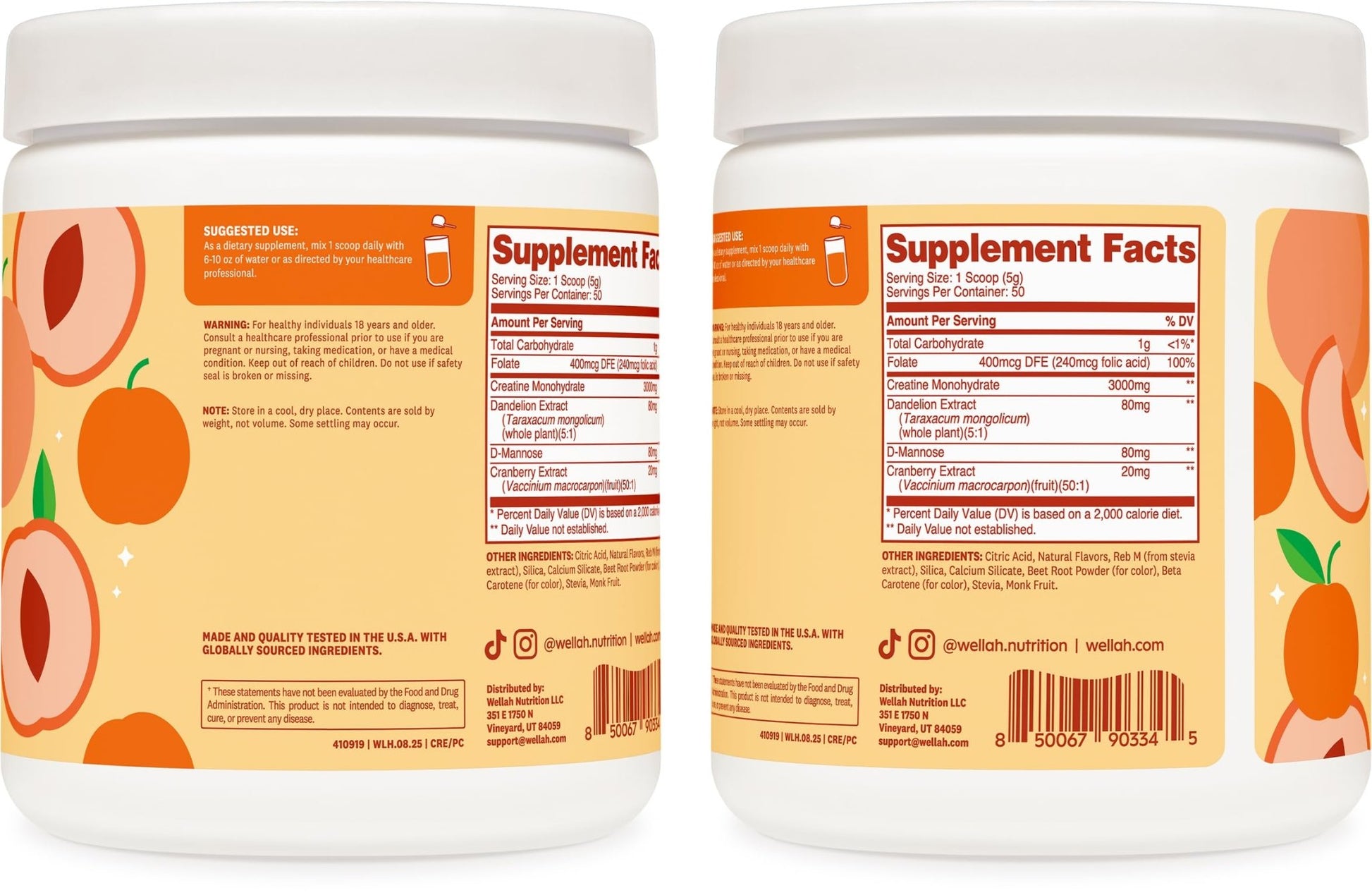 Wellah Creatine for Women - Creatine Monohydrate with Dandelion & Cranberry Extract (50 Servings, Clementine Peach) - dailyvitalstore