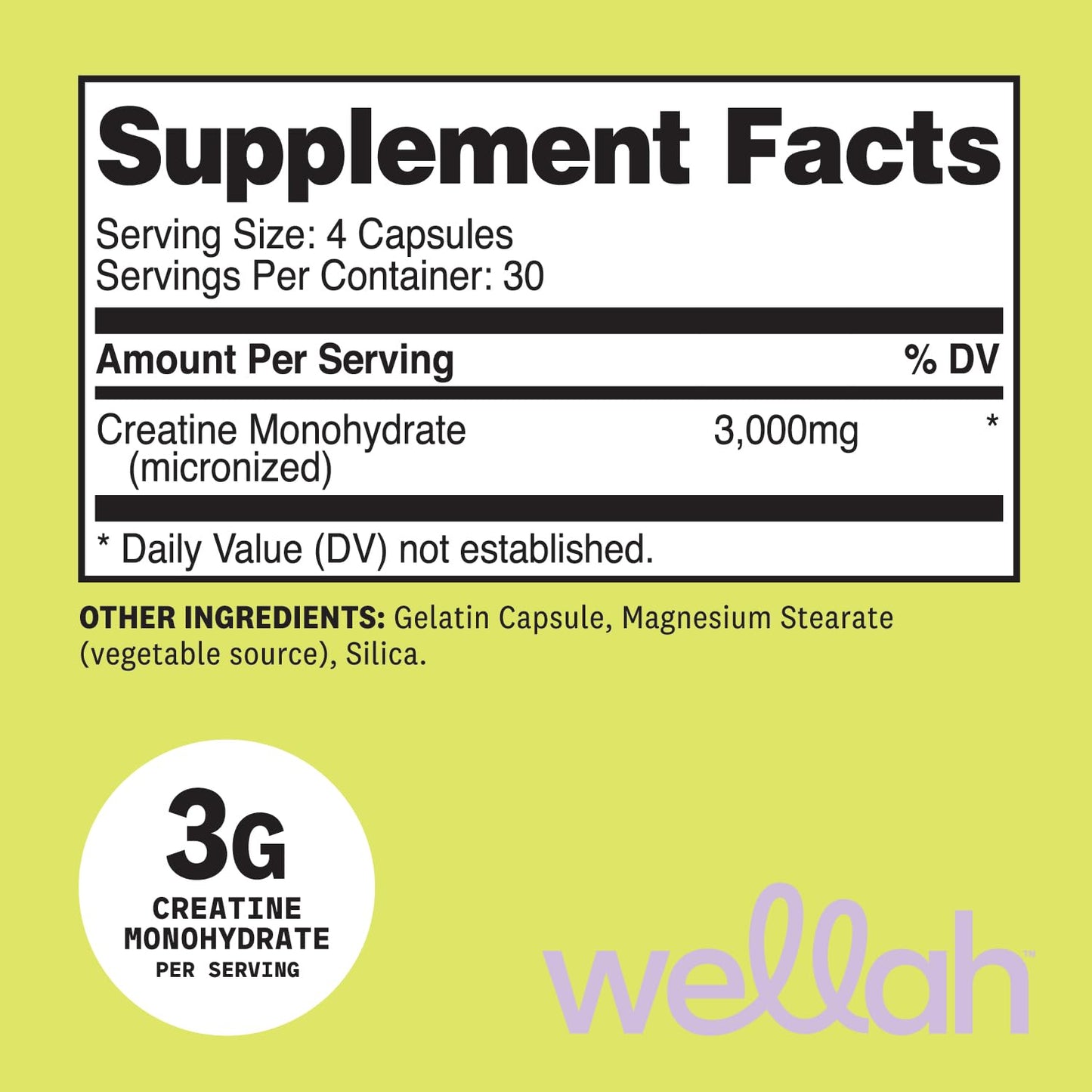 Wellah Creatine Monohydrate Capsules (3000 mg) 120 Capsules - Micronized Creatine, 30 Servings - dailyvitalstore