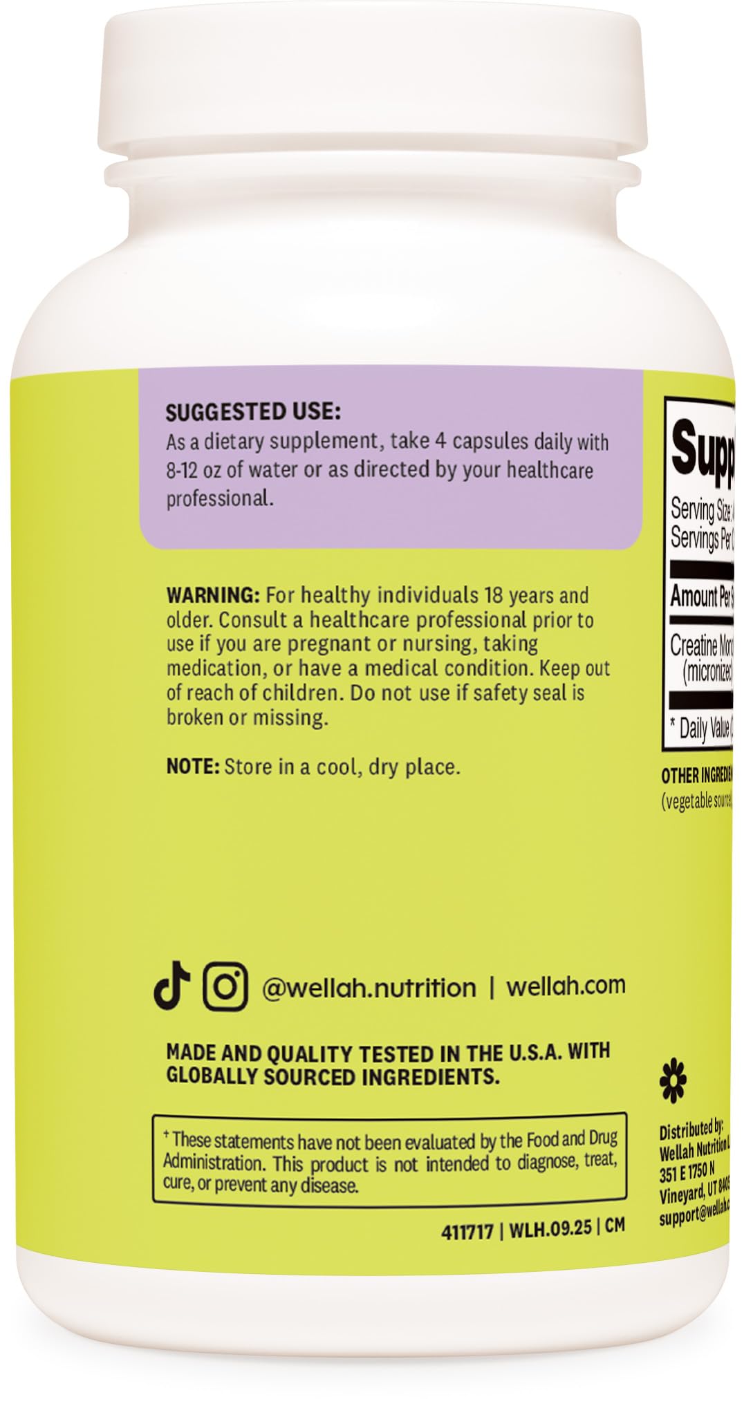 Wellah Creatine Monohydrate Capsules (3000 mg) 120 Capsules - Micronized Creatine, 30 Servings - dailyvitalstore