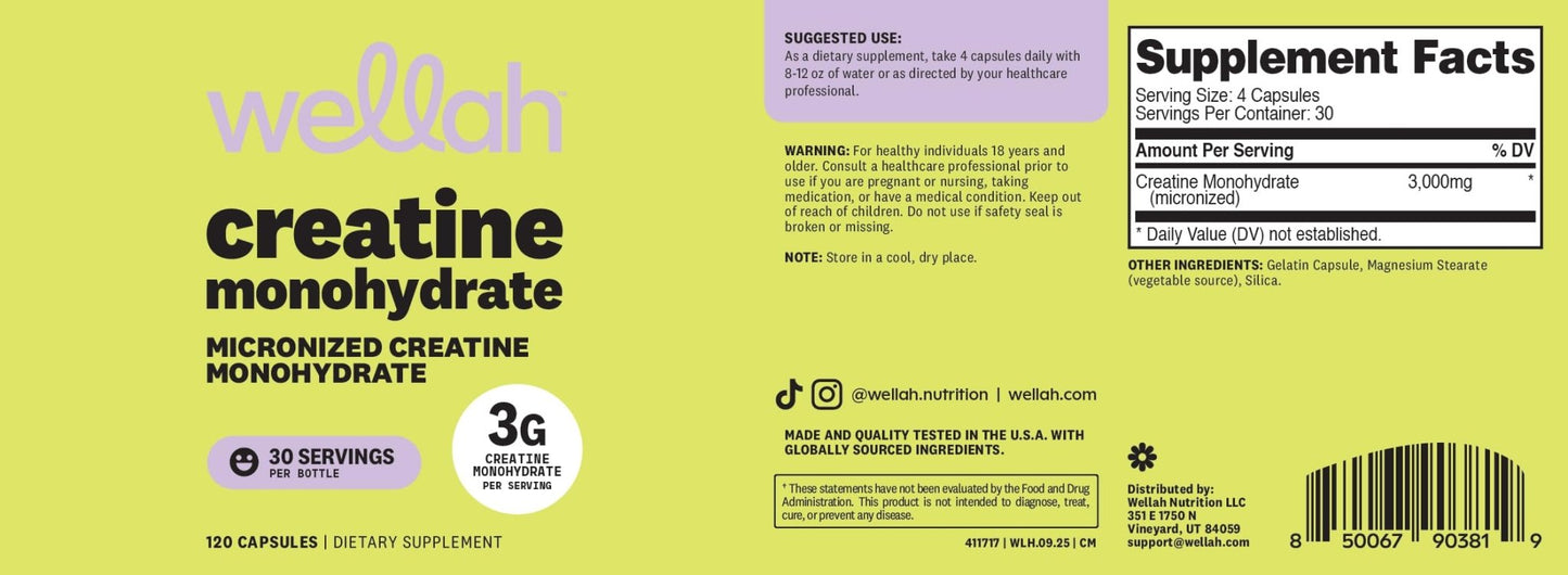 Wellah Creatine Monohydrate Capsules (3000 mg) 120 Capsules - Micronized Creatine, 30 Servings - dailyvitalstore