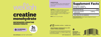 Wellah Creatine Monohydrate Capsules (3000 mg) 120 Capsules - Micronized Creatine, 30 Servings - dailyvitalstore