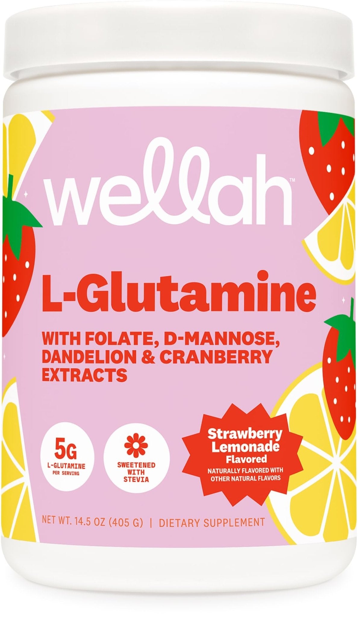 Wellah L-Glutamine Strawberry Lemonade Flavored (50 Servings) - 5g L-Glutamine Per Serving, Sweetened with Stevia - dailyvitalstore