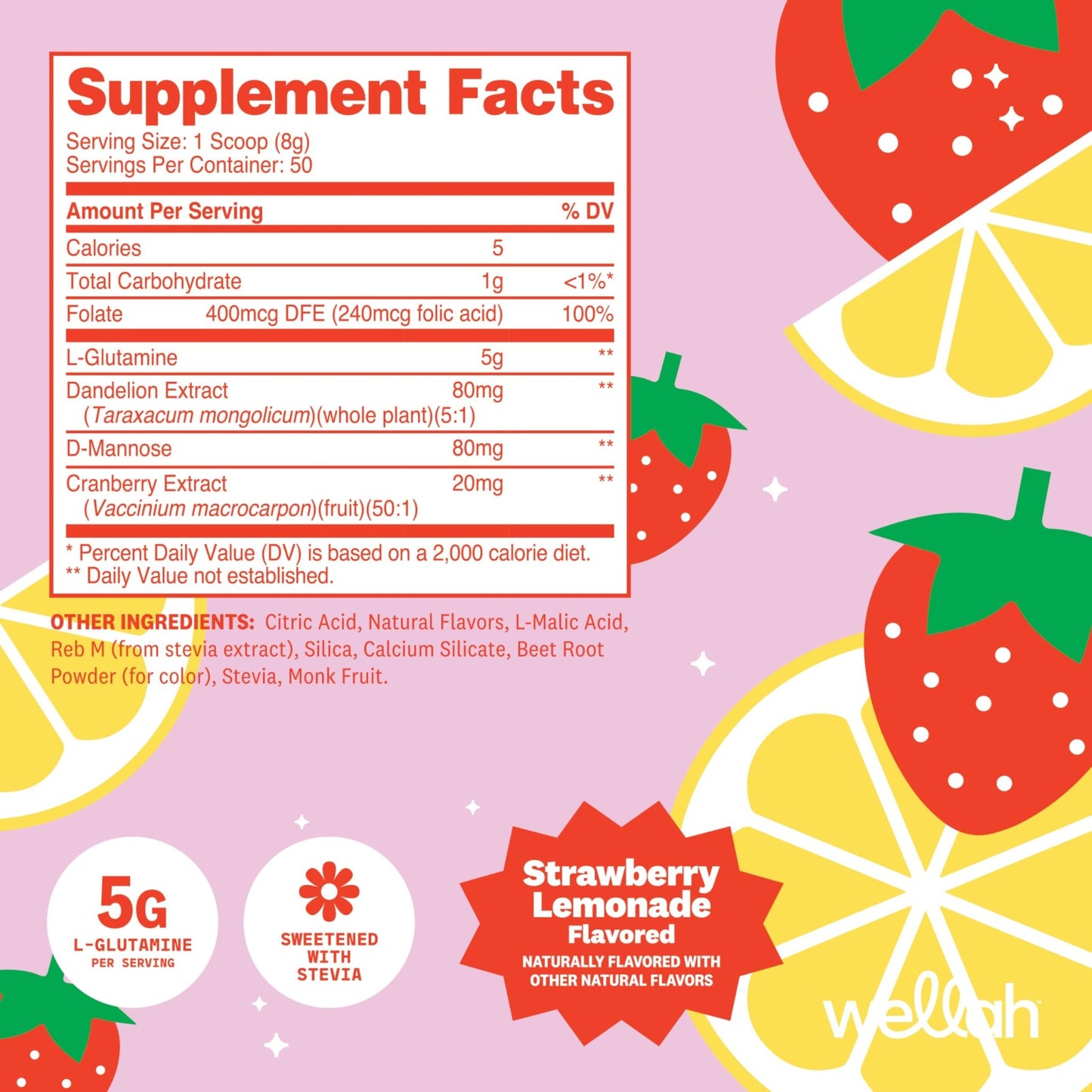 Wellah L-Glutamine Strawberry Lemonade Flavored (50 Servings) - 5g L-Glutamine Per Serving, Sweetened with Stevia - dailyvitalstore