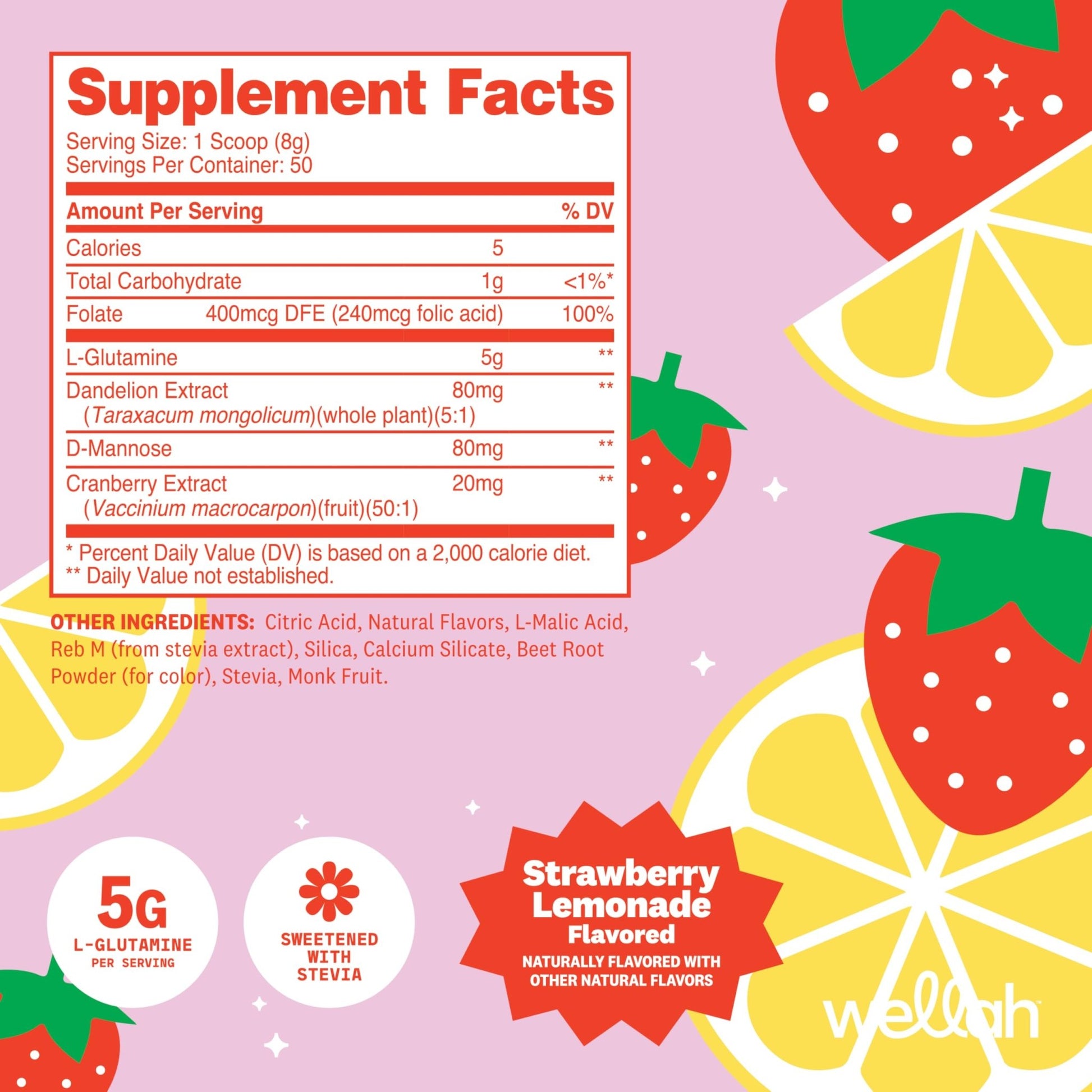 Wellah L-Glutamine Strawberry Lemonade Flavored (50 Servings) - 5g L-Glutamine Per Serving, Sweetened with Stevia - dailyvitalstore