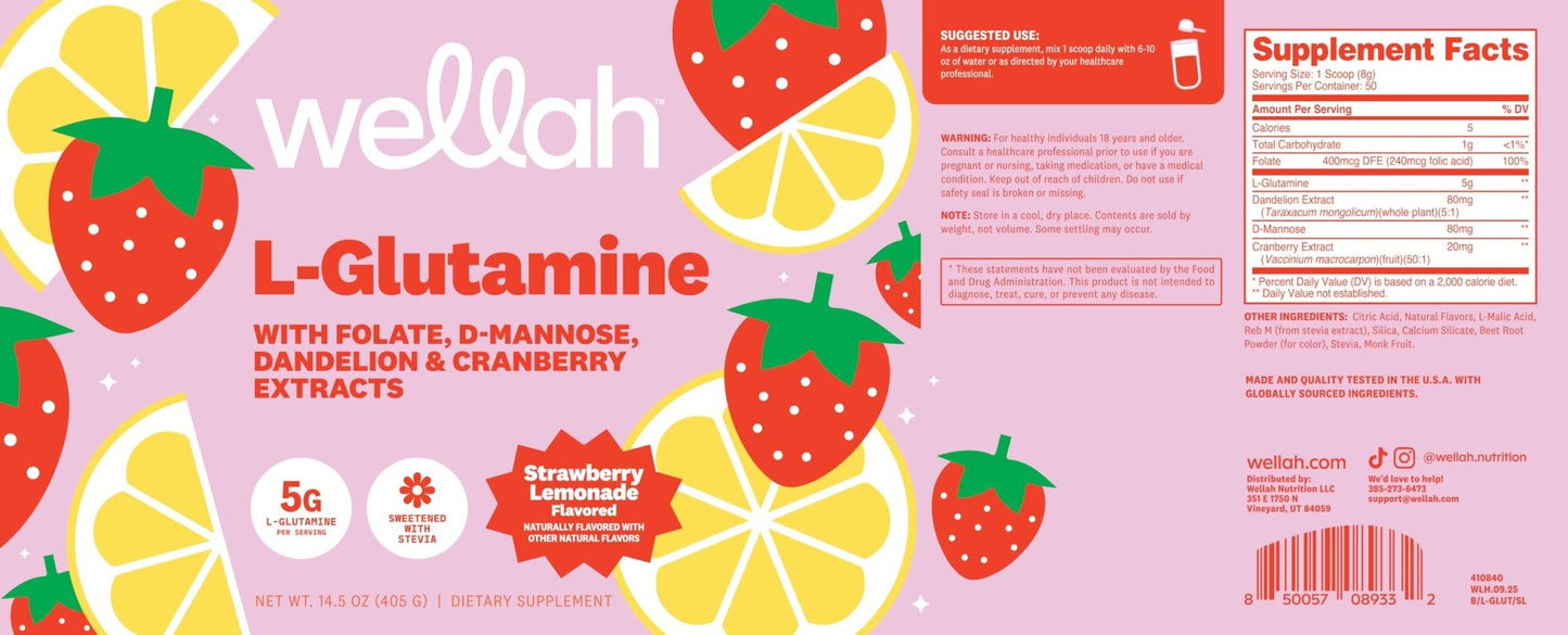Wellah L-Glutamine Strawberry Lemonade Flavored (50 Servings) - 5g L-Glutamine Per Serving, Sweetened with Stevia - dailyvitalstore